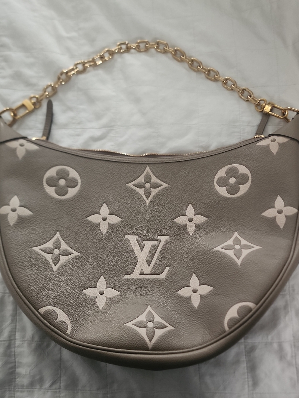 Louis Vuitton Taupe and Cream Monogram Crescent Shoulder Bag with Gold Chain